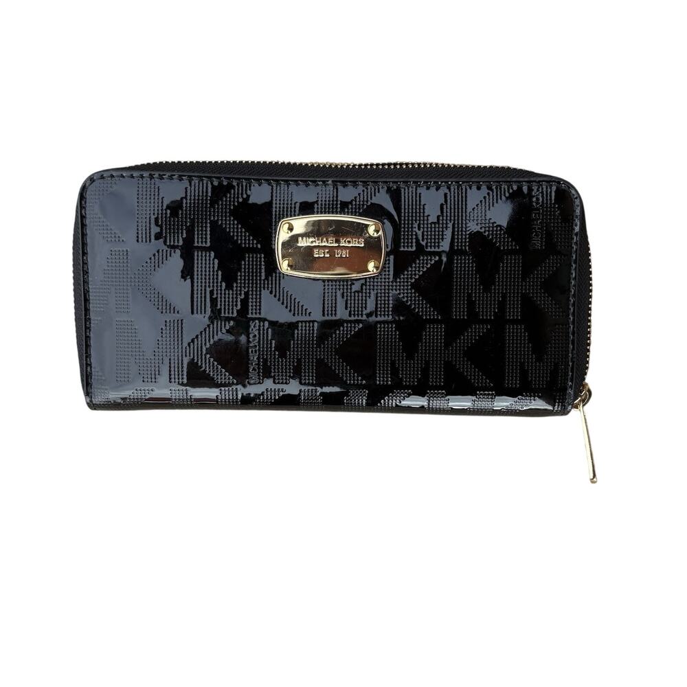 MICHAEL KORS Black Patent Leather MK Signature Logo Zip-Around Wallet Clutch